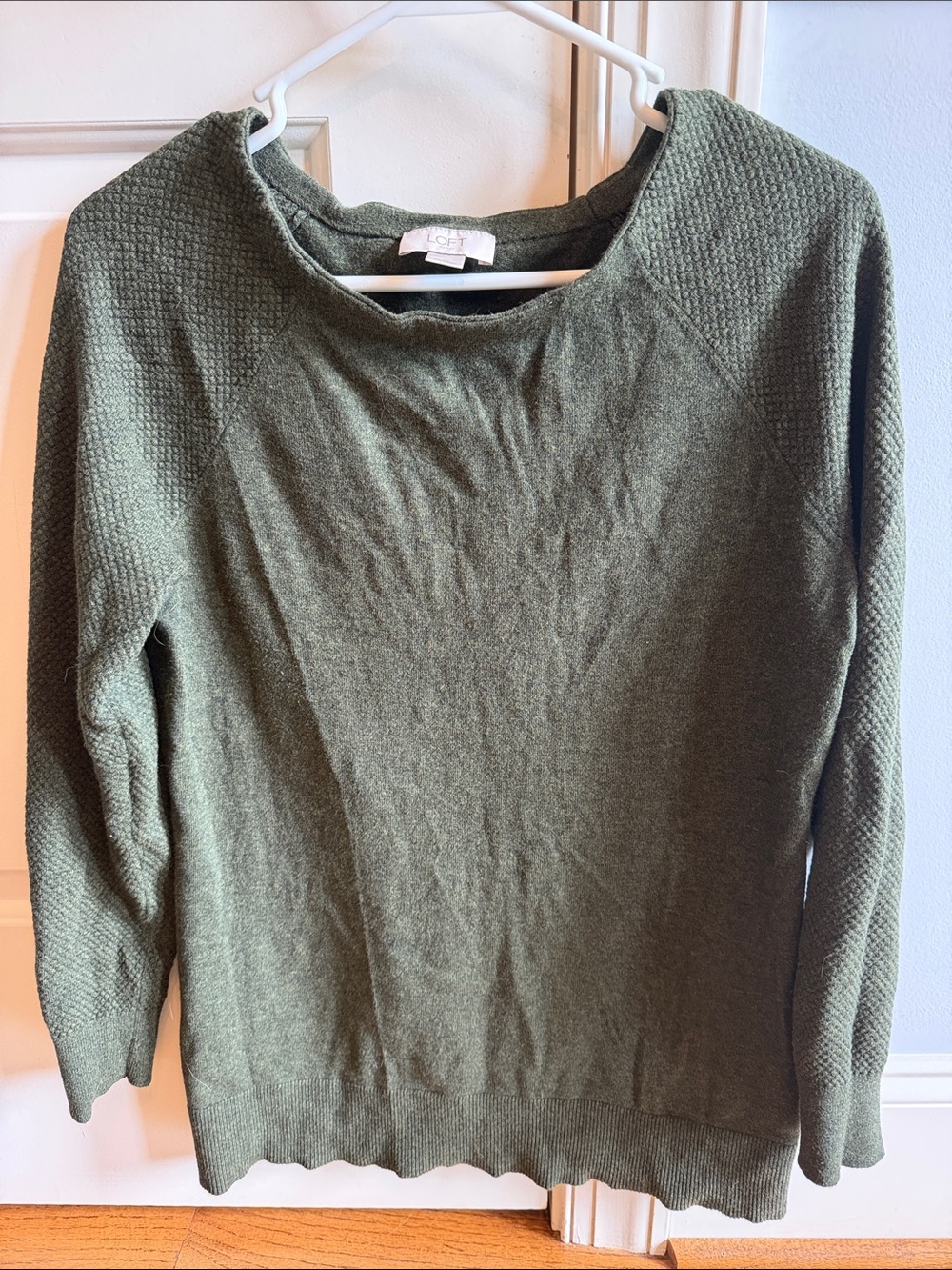 LOFT Olive Green Textured Sleeve Crewneck Sweater